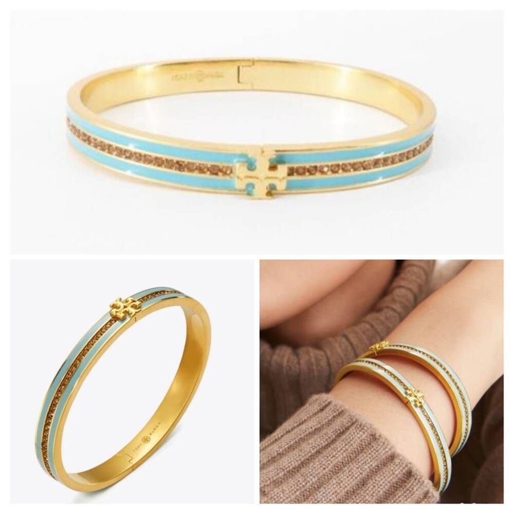 TORY BURCH Kira Blue Enamel Gold Tone Red Pave Hinge Bangle
